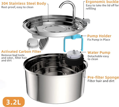 Stainless Steel Cat Water Fountain 108oz, Ultra Quiet Automatic Pet Fountain with Multi-Filtration & 4 Filters