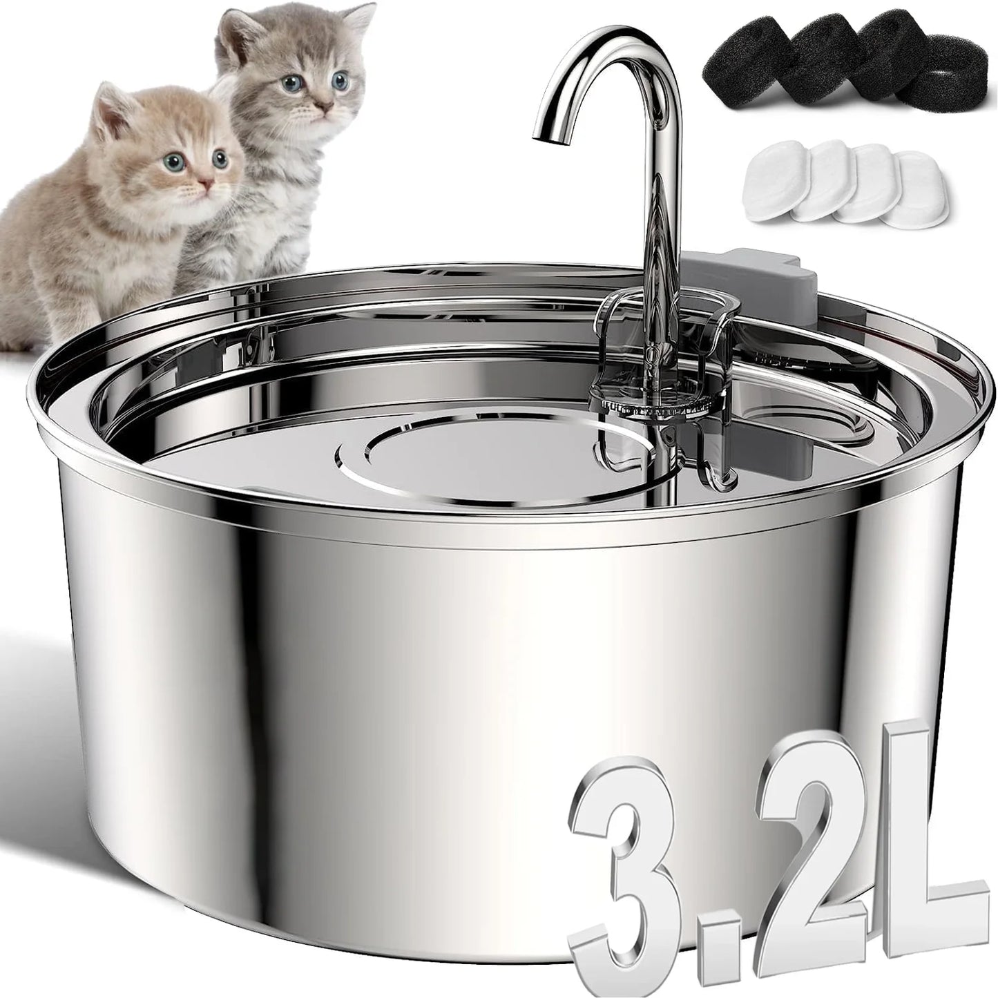 Stainless Steel Cat Water Fountain 108oz, Ultra Quiet Automatic Pet Fountain with Multi-Filtration & 4 Filters
